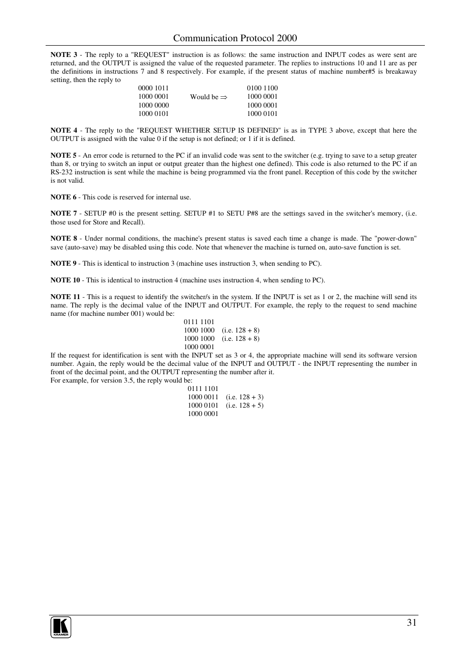 Communication protocol 2000 | Kramer Electronics VS-88HCB User Manual | Page 34 / 36