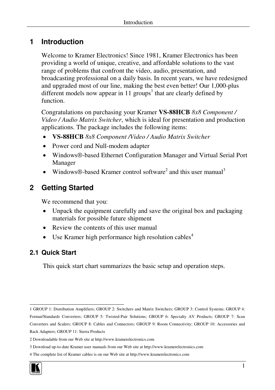 1 introduction, 2 getting started | Kramer Electronics VS-88HCB User Manual | Page 4 / 36