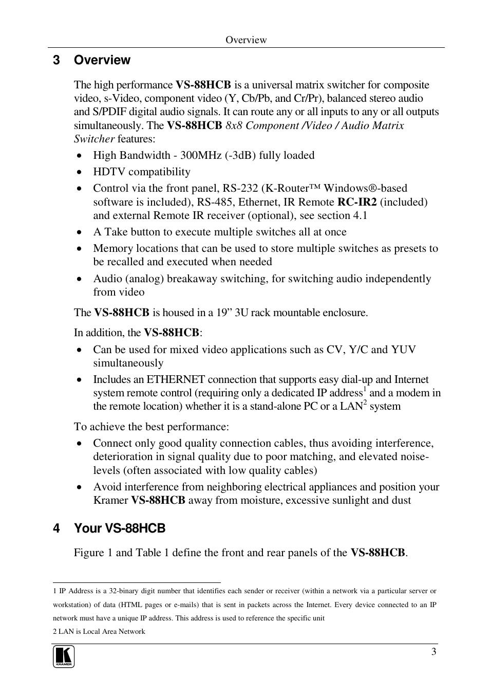 3 overview, 4 your vs-88hcb | Kramer Electronics VS-88HCB User Manual | Page 6 / 36