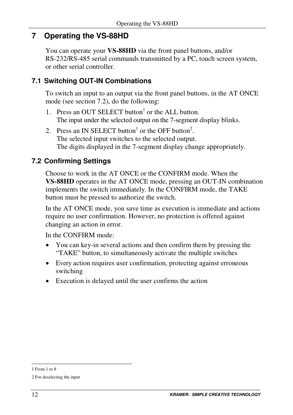 7 operating the vs-88hd | Kramer Electronics VS-88HD User Manual | Page 14 / 21