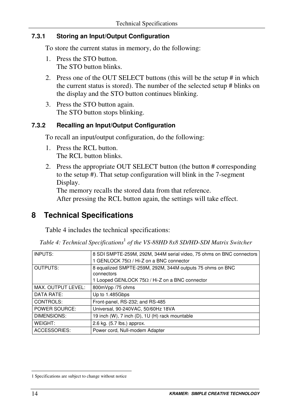 8 technical specifications | Kramer Electronics VS-88HD User Manual | Page 16 / 21