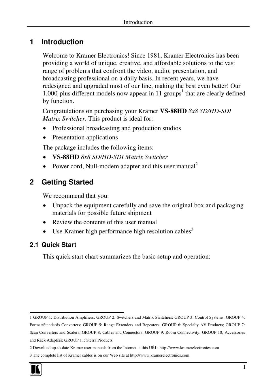 1 introduction, 2 getting started | Kramer Electronics VS-88HD User Manual | Page 3 / 21