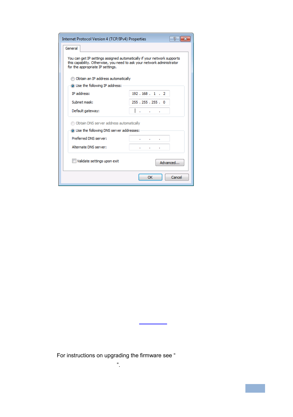 3 control configuration via the ethernet port, 8 upgrading the firmware, Upgrading the firmware | Figure 8: internet protocol properties window | Kramer Electronics VS-88HN User Manual | Page 22 / 36