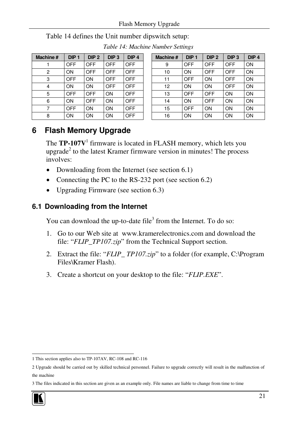 Table 14 defines the unit number dipswitch setup, The tp-107v, Table 14: machine number settings | Kramer Electronics TP-107AV User Manual | Page 24 / 32