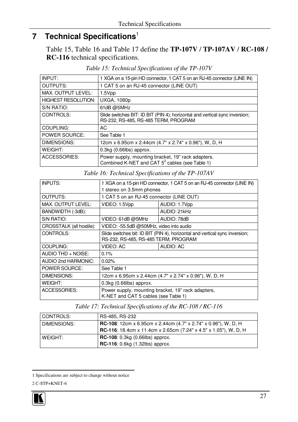 7 technical specifications, Technical specifications | Kramer Electronics TP-107AV User Manual | Page 30 / 32
