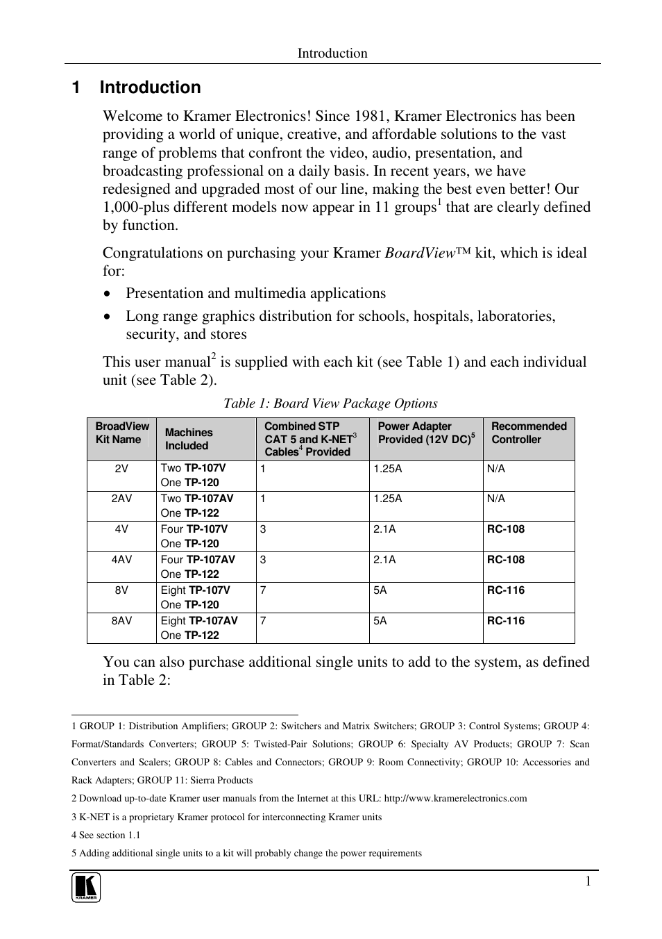 1 introduction | Kramer Electronics TP-107AV User Manual | Page 4 / 32
