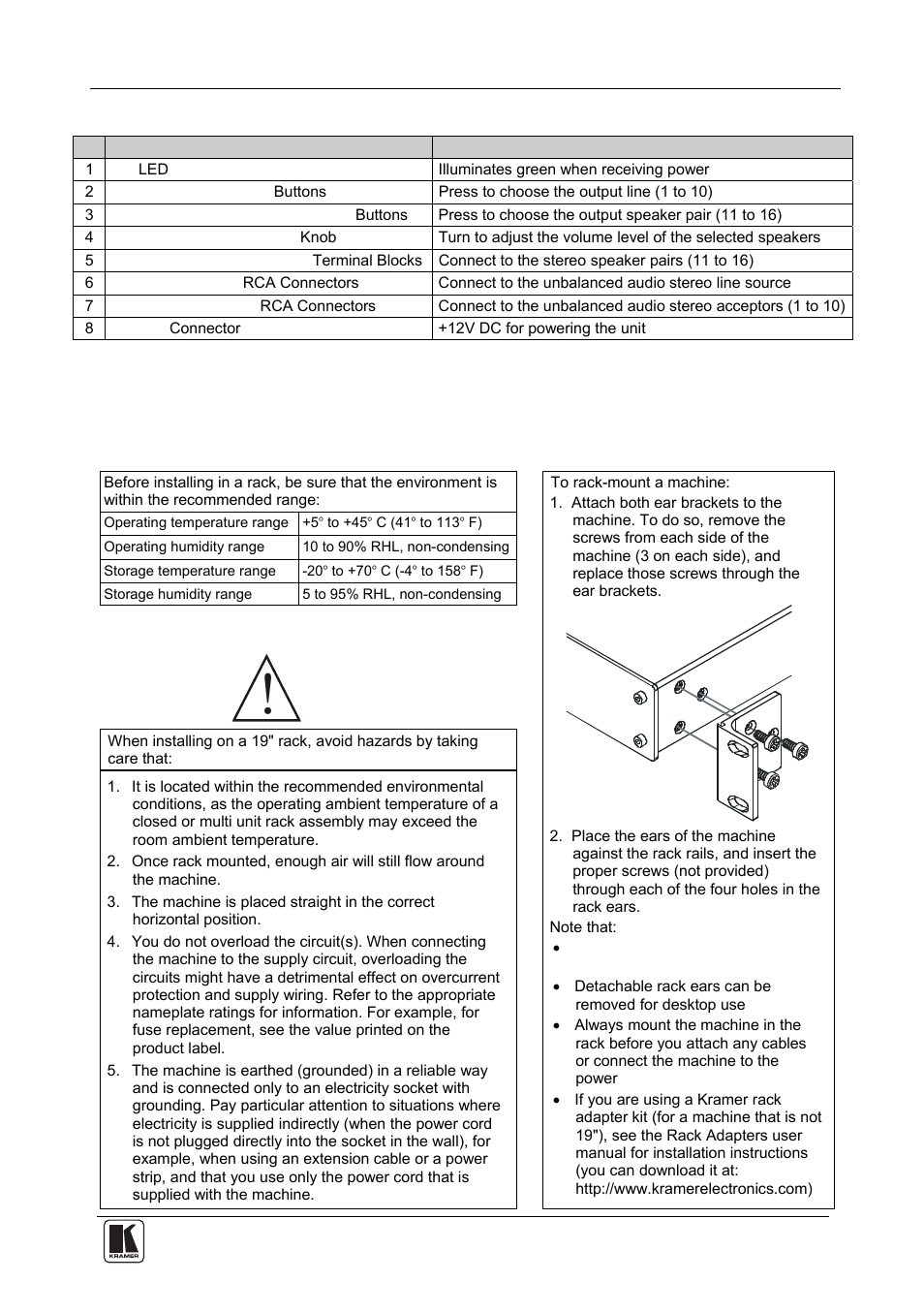 5 installing the vs-106 in a rack, Installing the vs-106 in a rack, Table 1 | 5installing the vs-106 in a rack | Kramer Electronics VS-106 User Manual | Page 7 / 13