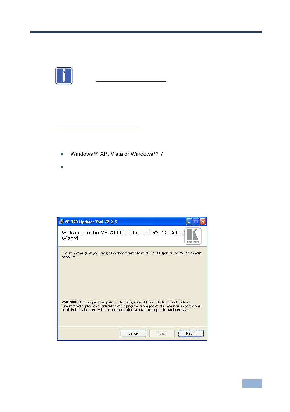 8 firmware upgrade, 1 installing the vp-790 updater tool, Firmware upgrade | Installing the vp-790 updater tool, Figure 18: welcome window, 8firmware upgrade | Kramer Electronics VP-790 User Manual | Page 38 / 47