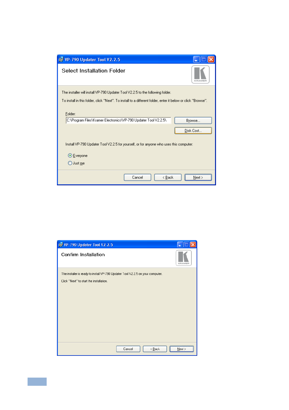 Figure 19: choose destination location window, Figure 20: confirm installation | Kramer Electronics VP-790 User Manual | Page 39 / 47