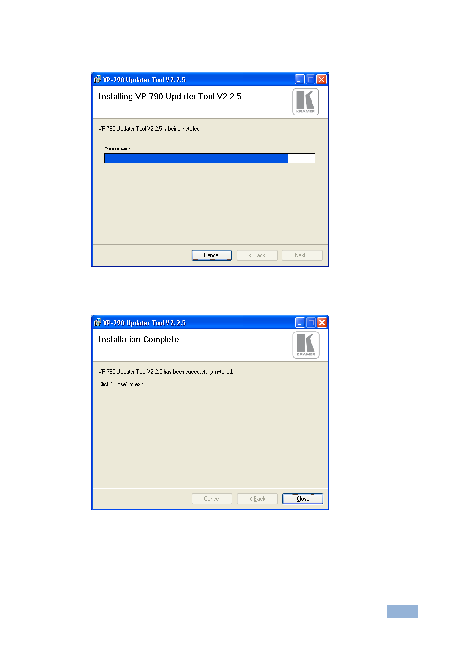 Figure 21: installation progress window, Figure 22: installation complete window | Kramer Electronics VP-790 User Manual | Page 40 / 47