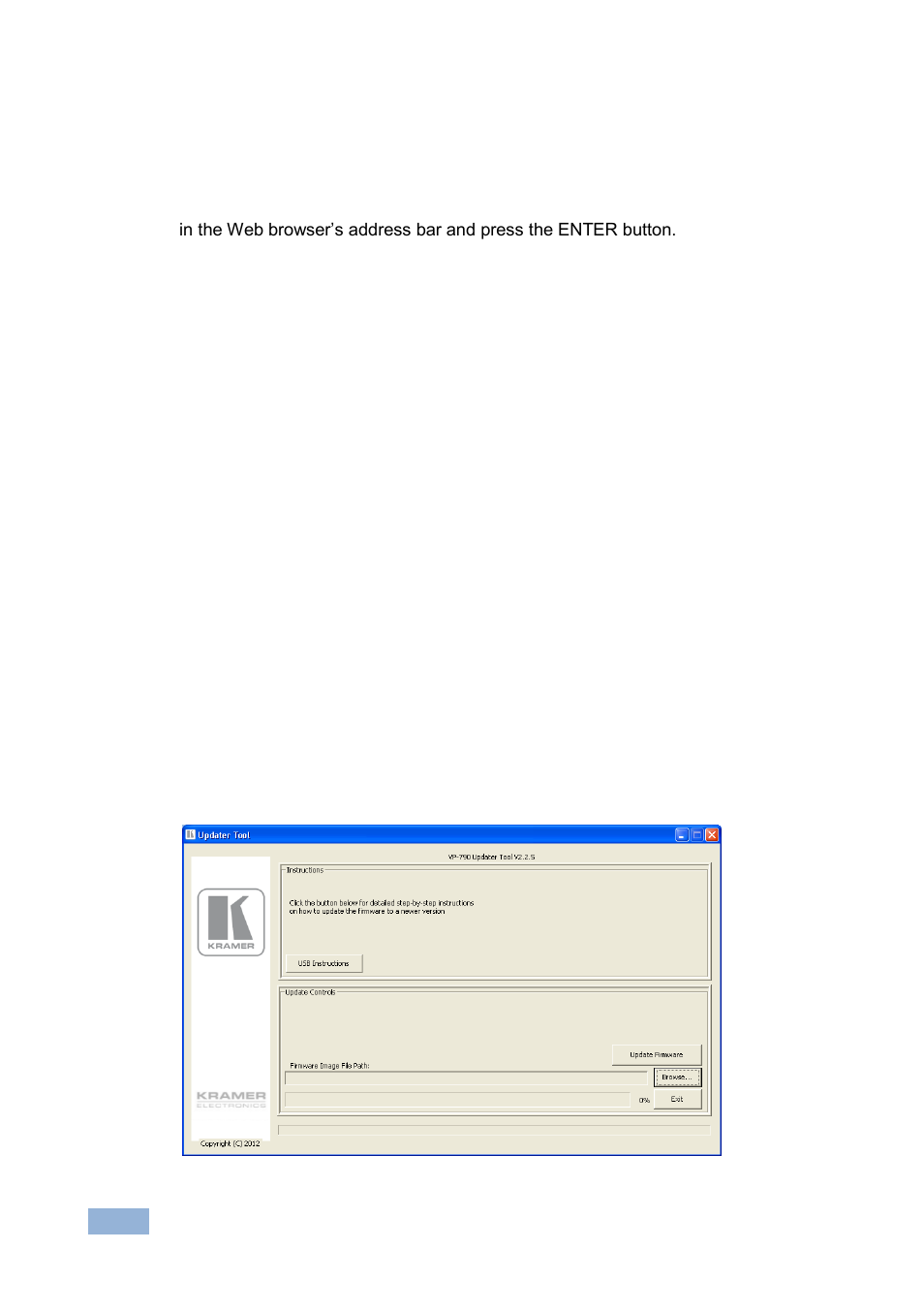 2 saving user settings, 3 updating the firmware, Saving user settings | Updating the firmware, Figure 23: updater tool window | Kramer Electronics VP-790 User Manual | Page 41 / 47
