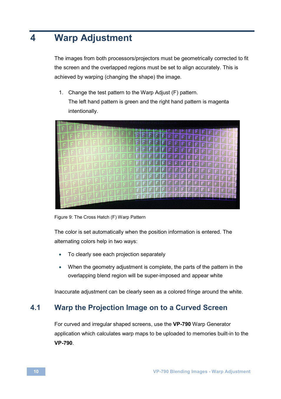 4 warp adjustment, 1 warp the projection image on to a curved screen, Warp adjustment | Warp the projection image on to a curved screen, Figure 9: the cross hatch (f) warp pattern, 4warp adjustment | Kramer Electronics VP-790 User Manual | Page 12 / 17