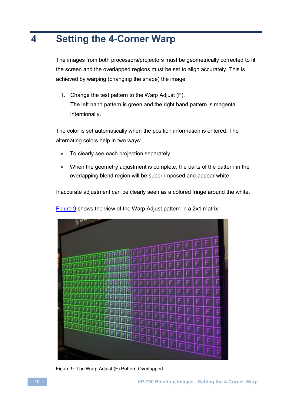 4 setting the 4-corner warp, Setting the 4-corner warp, Figure 9: the warp adjust (f) pattern overlapped | 4setting the 4-corner warp | Kramer Electronics VP-790 User Manual | Page 12 / 18