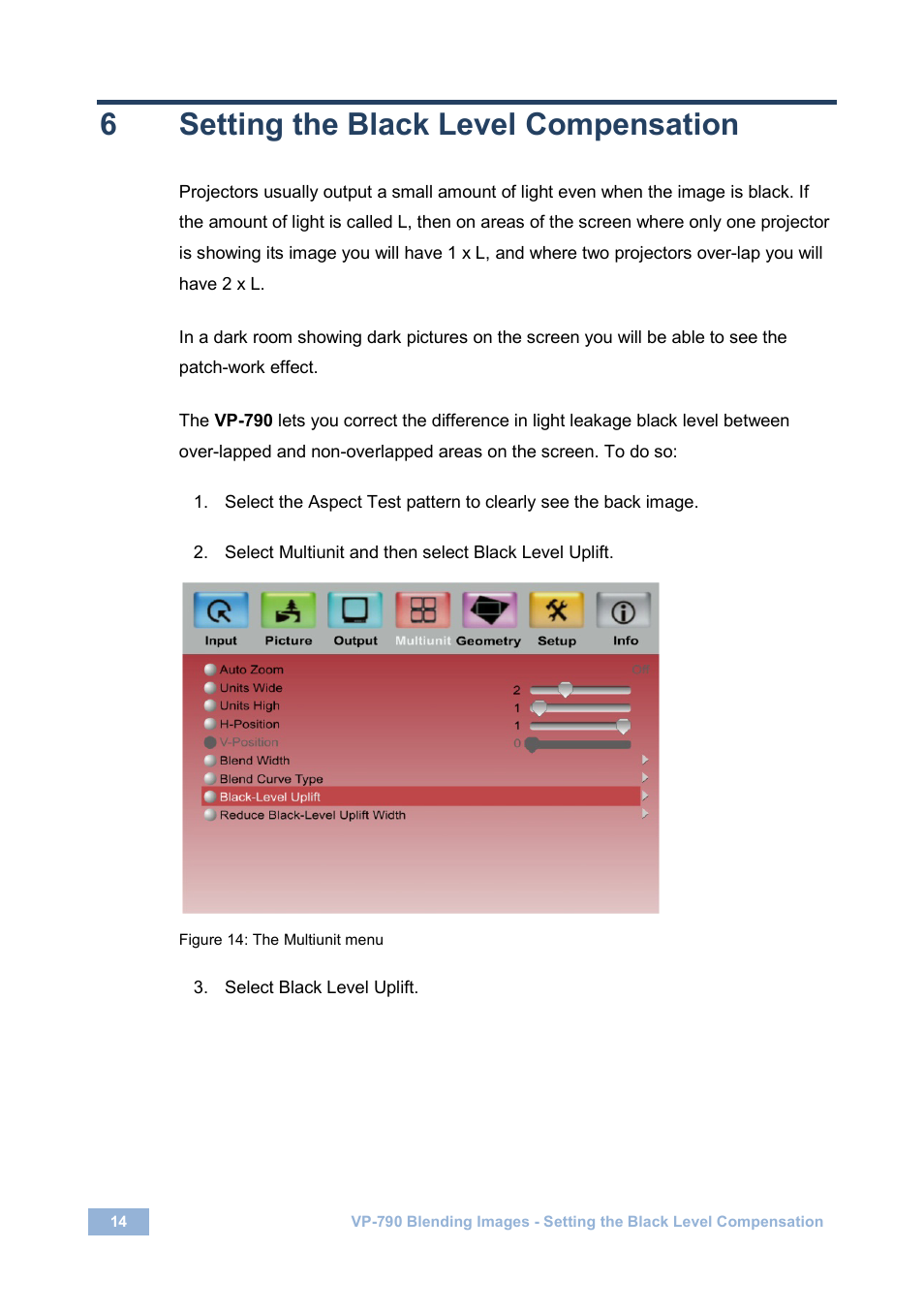 6 setting the black level compensation, Setting the black level compensation, Figure 14: the multiunit menu | 6setting the black level compensation | Kramer Electronics VP-790 User Manual | Page 16 / 18