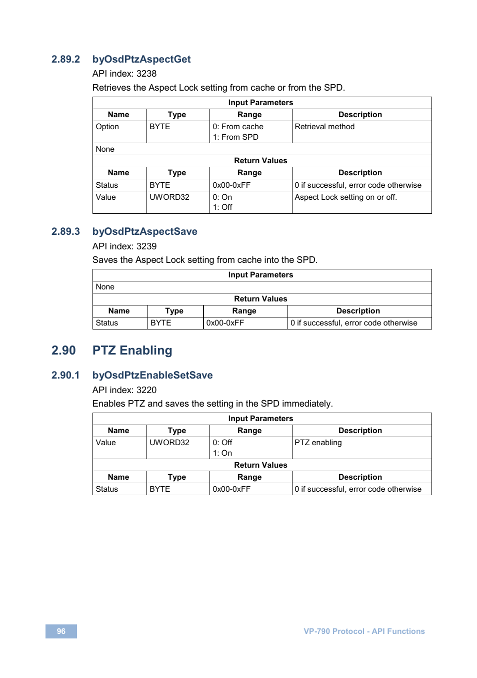2 byosdptzaspectget, 3 byosdptzaspectsave, 90 ptz enabling | 1 byosdptzenablesetsave, Ptz enabling | Kramer Electronics VP-790 User Manual | Page 100 / 126