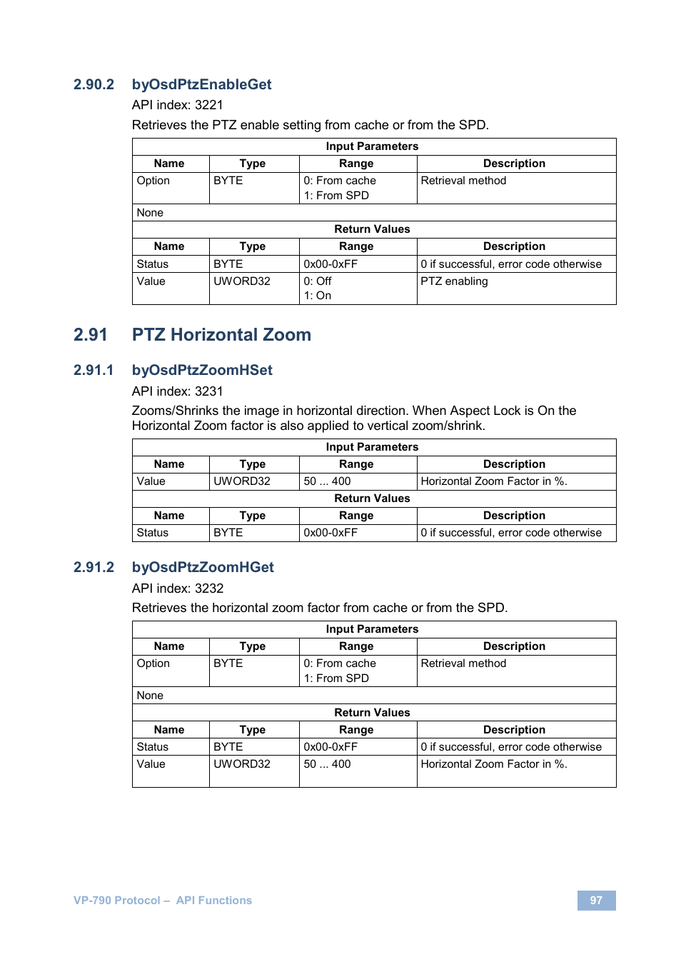 Ptz horizontal zoom, Byosdptzenableget, Byosdptzzoomhset | Byosdptzzoomhget | Kramer Electronics VP-790 User Manual | Page 101 / 126