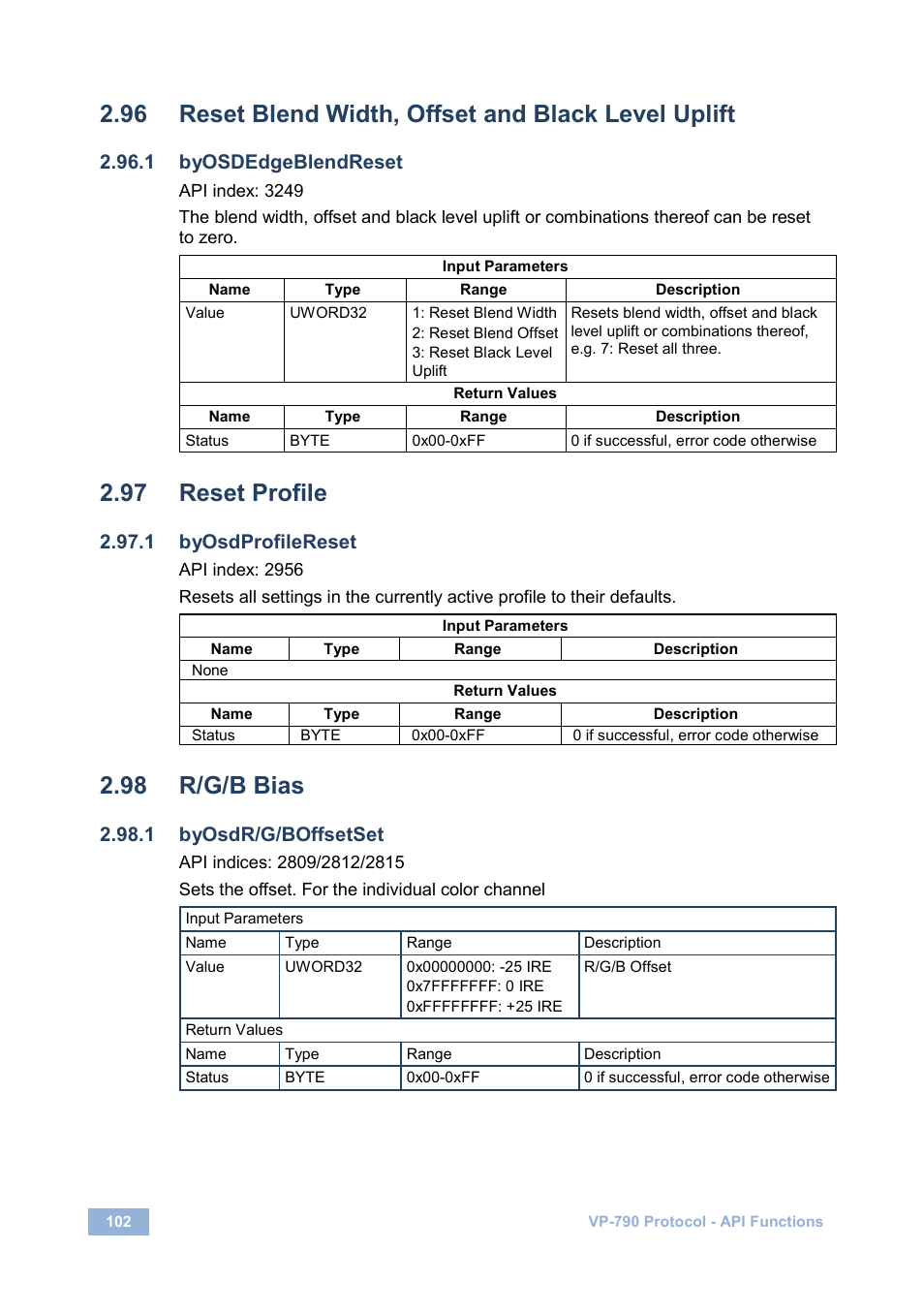 1 byosdedgeblendreset, 97 reset profile, 1 byosdprofilereset | 98 r/g/b bias, 1 byosdr/g/boffsetset, Reset blend width, offset and black level uplift, Reset profile, R/g/b bias | Kramer Electronics VP-790 User Manual | Page 106 / 126