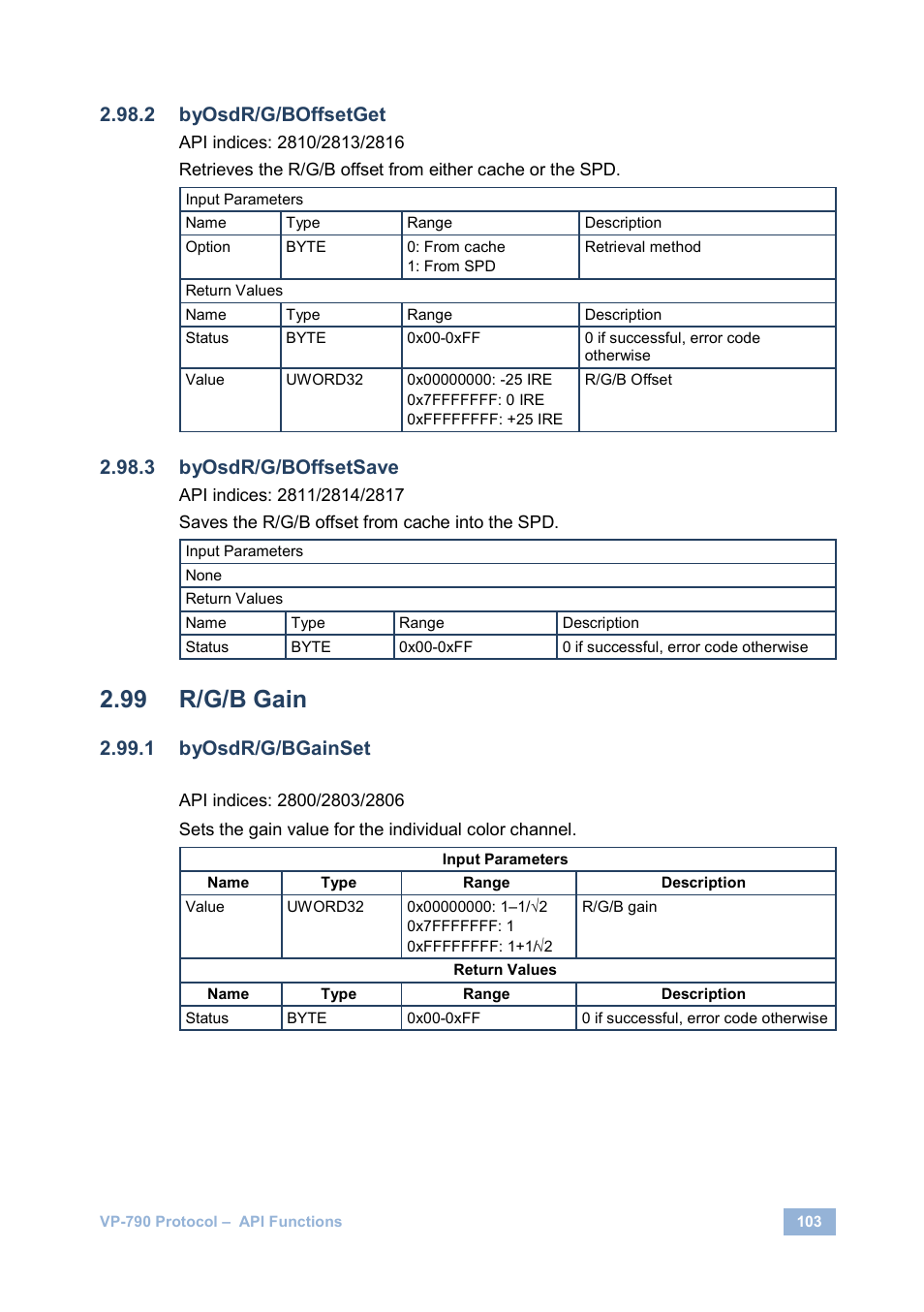 R/g/b gain, Byosdr/g/boffsetget, Byosdr/g/boffsetsave | Byosdr/g/bgainset | Kramer Electronics VP-790 User Manual | Page 107 / 126