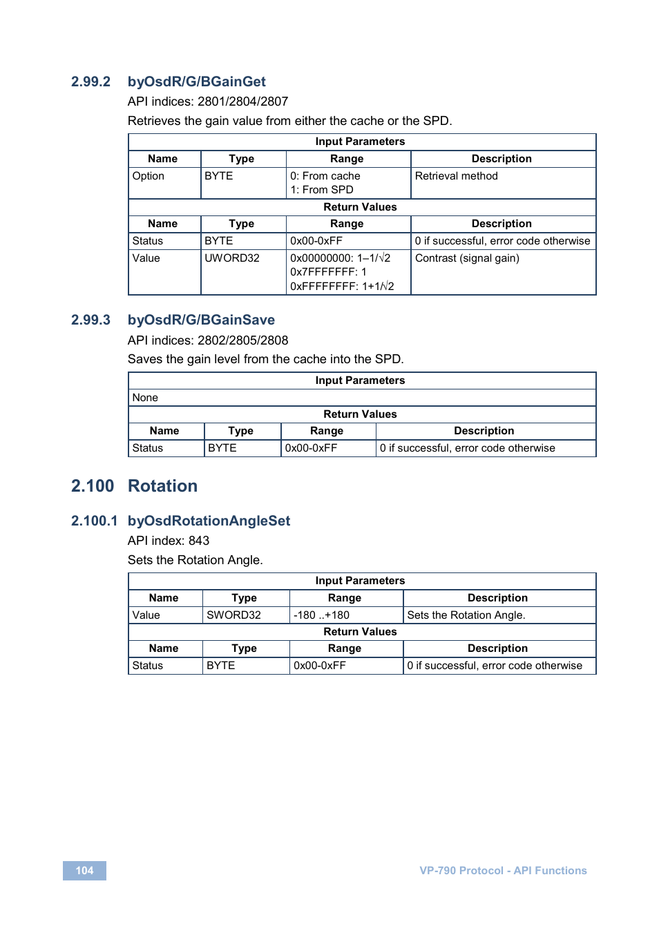 2 byosdr/g/bgainget, 3 byosdr/g/bgainsave, 100 rotation | 1 byosdrotationangleset, Rotation | Kramer Electronics VP-790 User Manual | Page 108 / 126