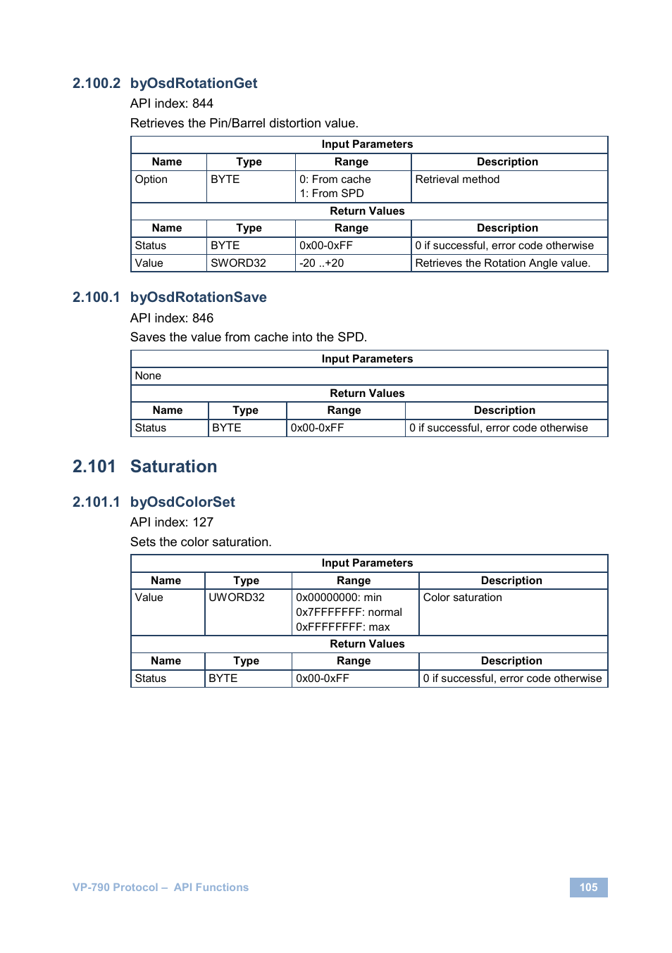 Saturation, Byosdrotationget, Byosdrotationsave | Byosdcolorset | Kramer Electronics VP-790 User Manual | Page 109 / 126