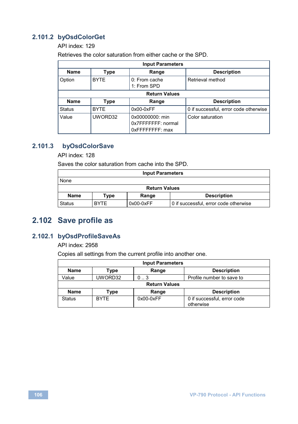 2 byosdcolorget, 3 byosdcolorsave, 102 save profile as | 1 byosdprofilesaveas, Save profile as | Kramer Electronics VP-790 User Manual | Page 110 / 126