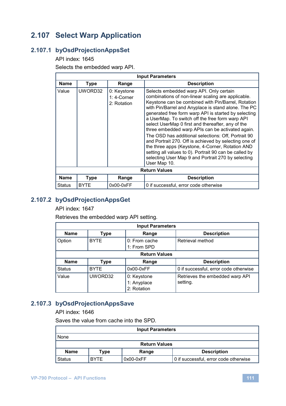 Select warp application, Byosdprojectionappsset, Byosdprojectionappsget | Byosdprojectionappssave | Kramer Electronics VP-790 User Manual | Page 115 / 126