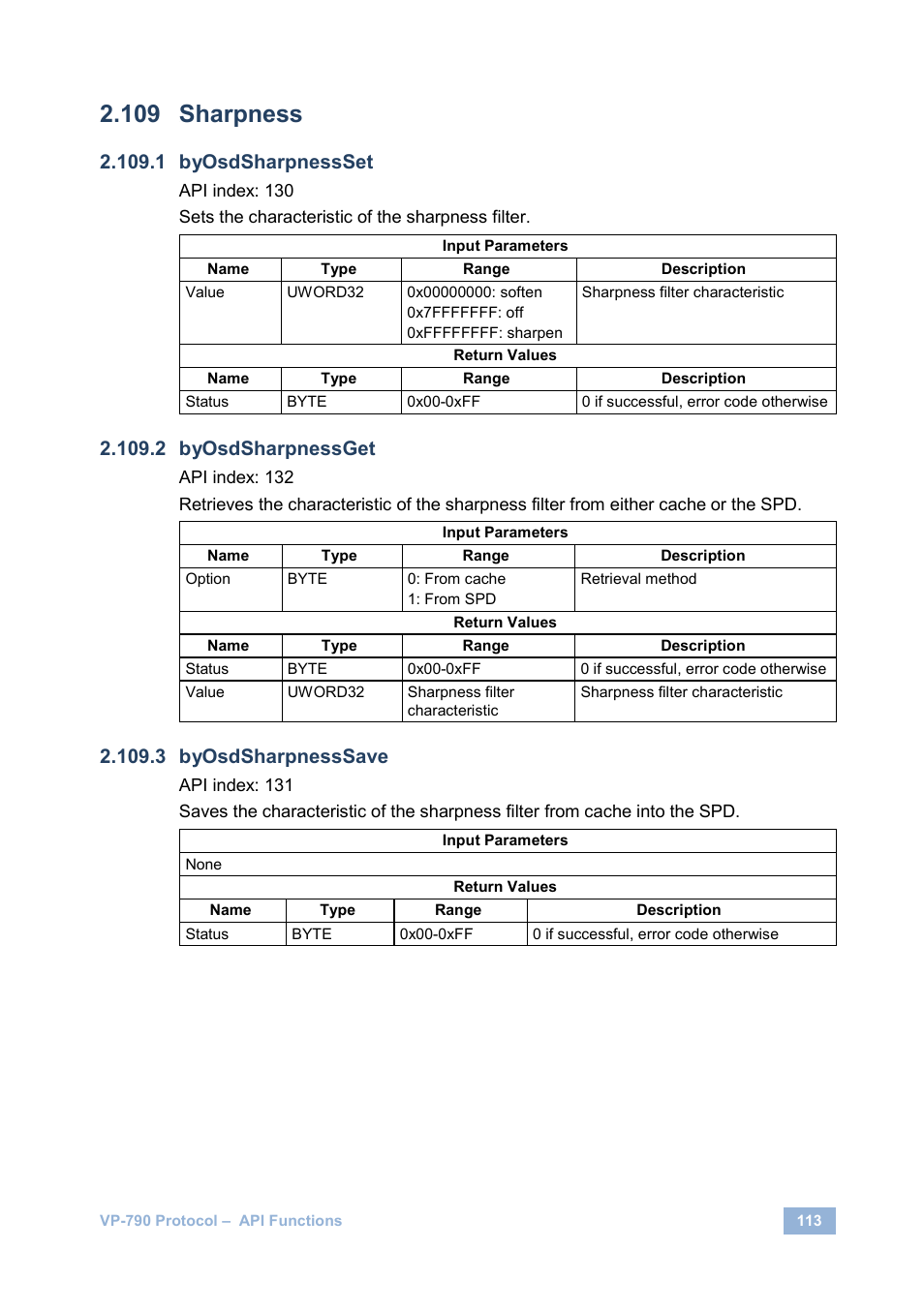 Sharpness, Byosdsharpnessset, Byosdsharpnessget | Byosdsharpnesssave | Kramer Electronics VP-790 User Manual | Page 117 / 126