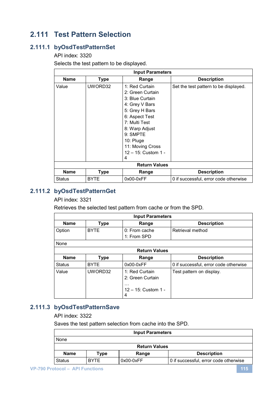 Test pattern selection, Byosdtestpatternset, Byosdtestpatternget | Byosdtestpatternsave | Kramer Electronics VP-790 User Manual | Page 119 / 126