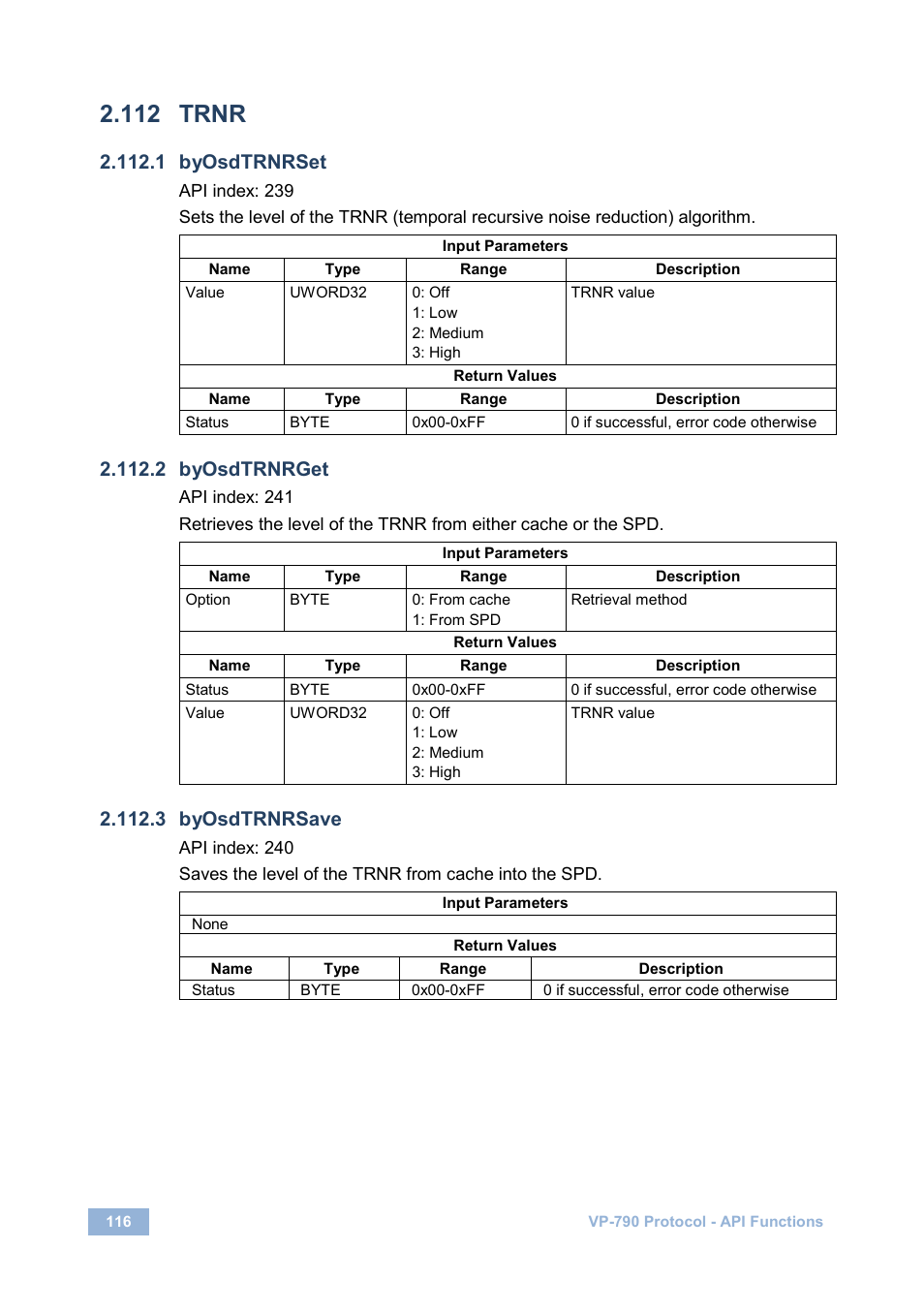 112 trnr, 1 byosdtrnrset, 2 byosdtrnrget | 3 byosdtrnrsave, Trnr | Kramer Electronics VP-790 User Manual | Page 120 / 126