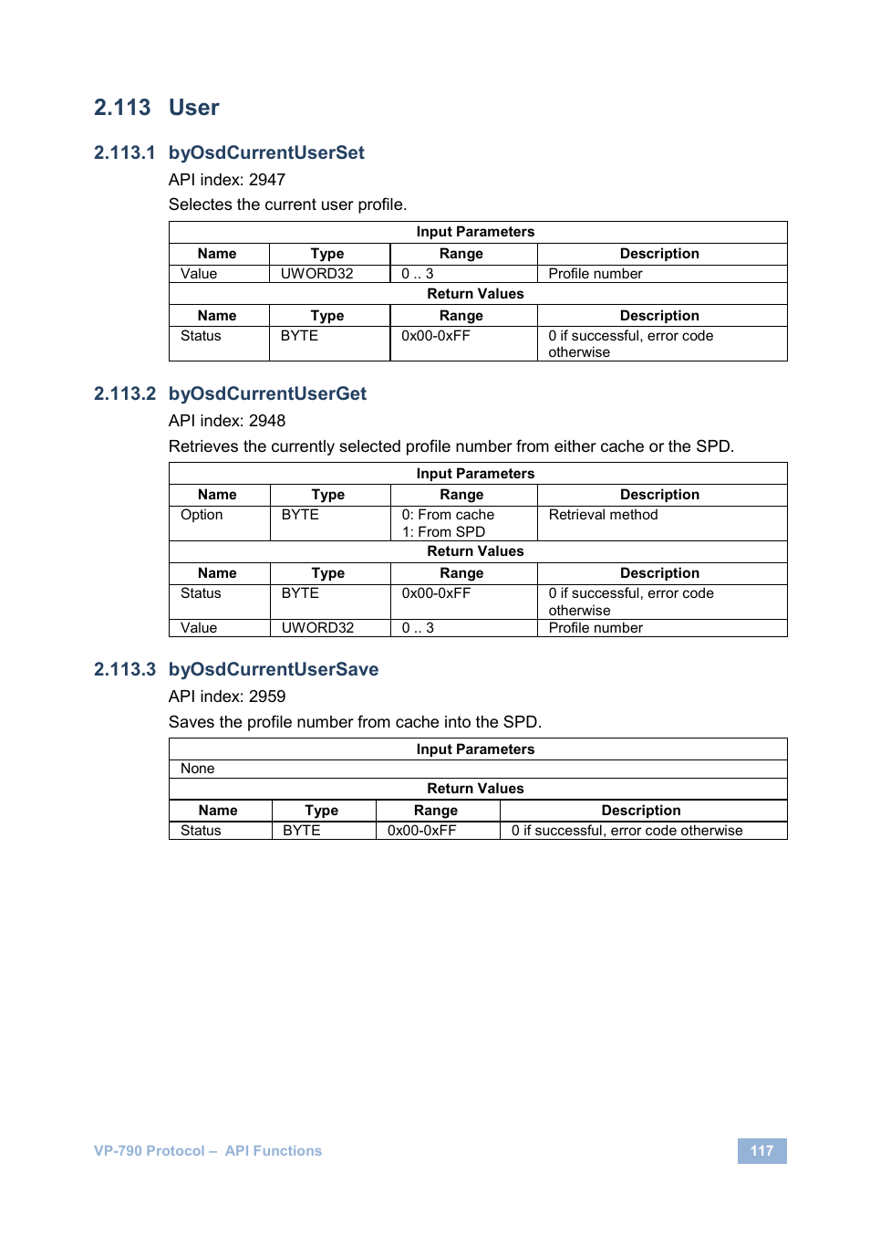 User, Byosdcurrentuserset, Byosdcurrentuserget | Byosdcurrentusersave | Kramer Electronics VP-790 User Manual | Page 121 / 126