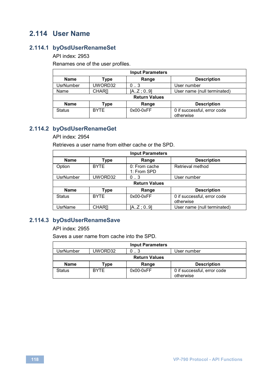 114 user name, 1 byosduserrenameset, 2 byosduserrenameget | 3 byosduserrenamesave, User name | Kramer Electronics VP-790 User Manual | Page 122 / 126