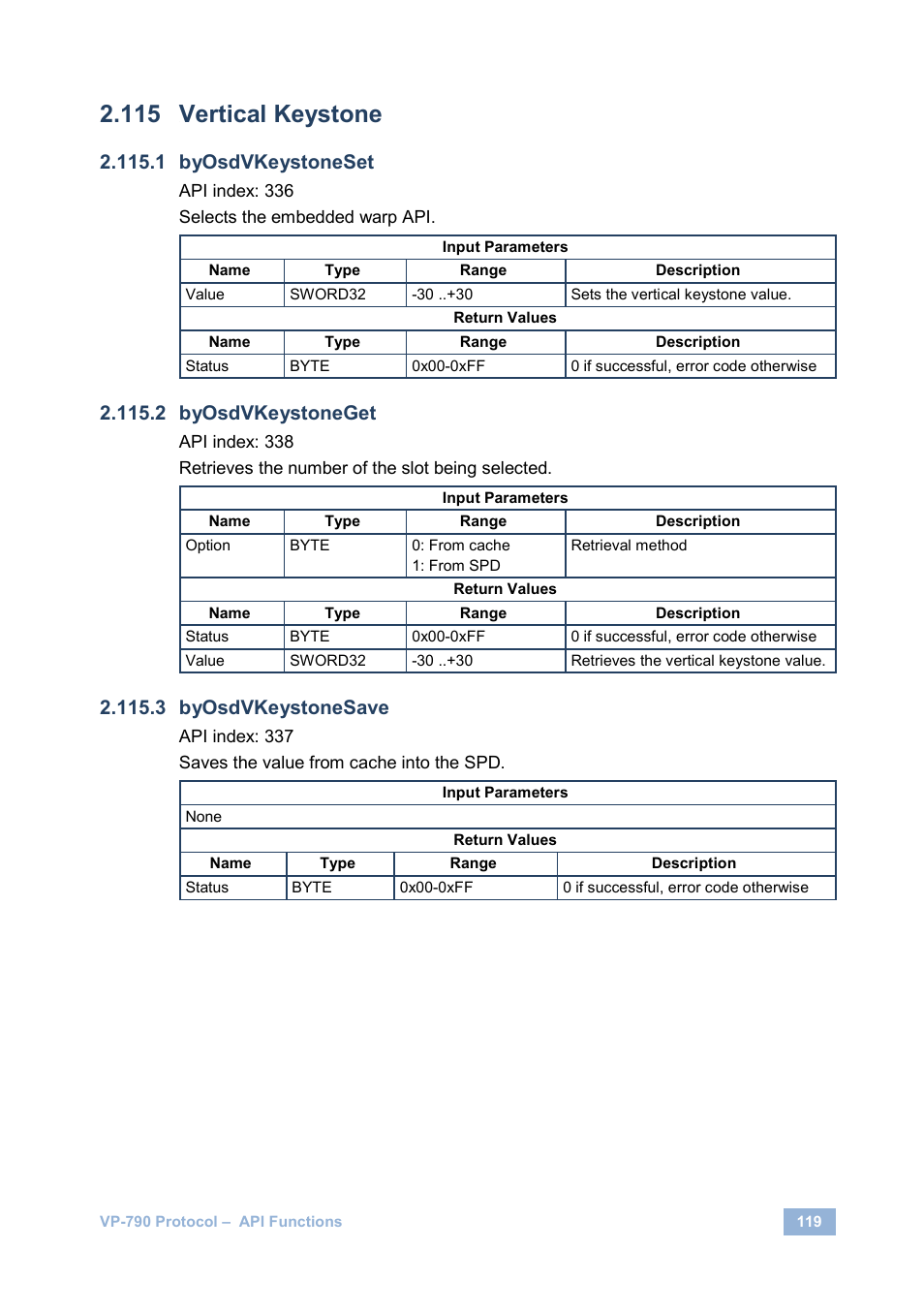 Vertical keystone, Byosdvkeystoneset, Byosdvkeystoneget | Byosdvkeystonesave | Kramer Electronics VP-790 User Manual | Page 123 / 126