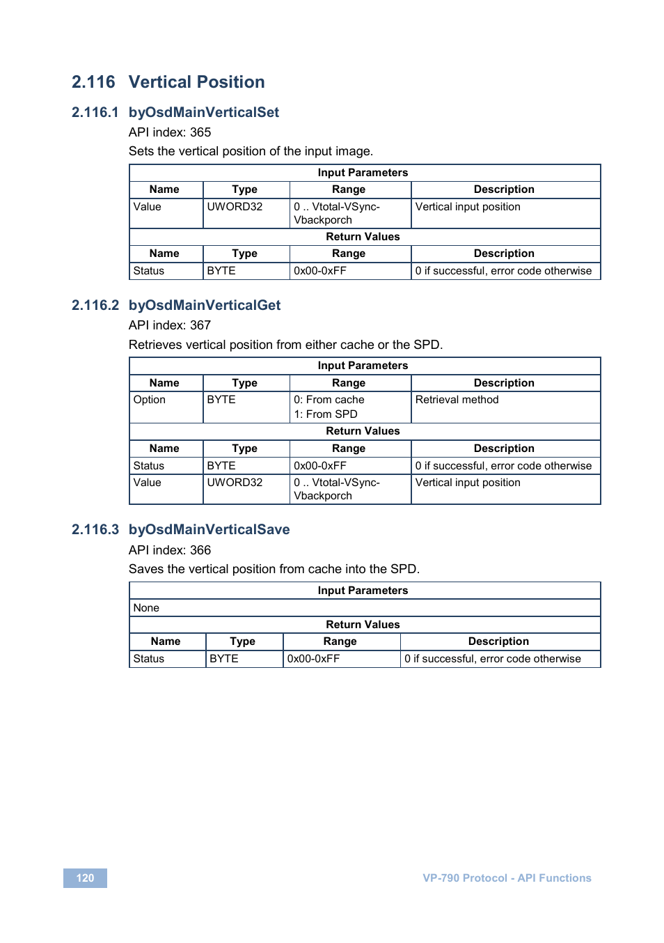 116 vertical position, 1 byosdmainverticalset, 2 byosdmainverticalget | 3 byosdmainverticalsave, Vertical position | Kramer Electronics VP-790 User Manual | Page 124 / 126