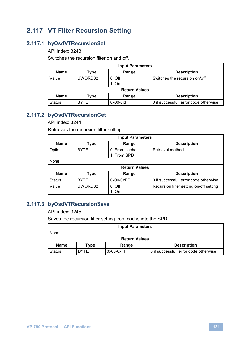 Vt filter recursion setting, Byosdvtrecursionset, Byosdvtrecursionget | Byosdvtrecursionsave | Kramer Electronics VP-790 User Manual | Page 125 / 126