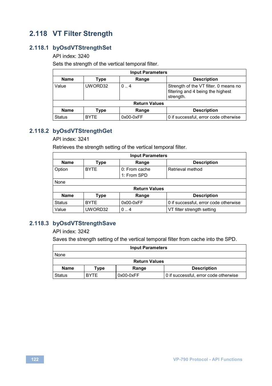 118 vt filter strength, 1 byosdvtstrengthset, 2 byosdvtstrengthget | 3 byosdvtstrengthsave, Vt filter strength | Kramer Electronics VP-790 User Manual | Page 126 / 126