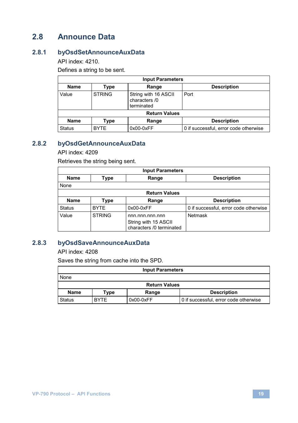 Announce data, Byosdsetannounceauxdata, Byosdgetannounceauxdata | Byosdsaveannounceauxdata | Kramer Electronics VP-790 User Manual | Page 23 / 126