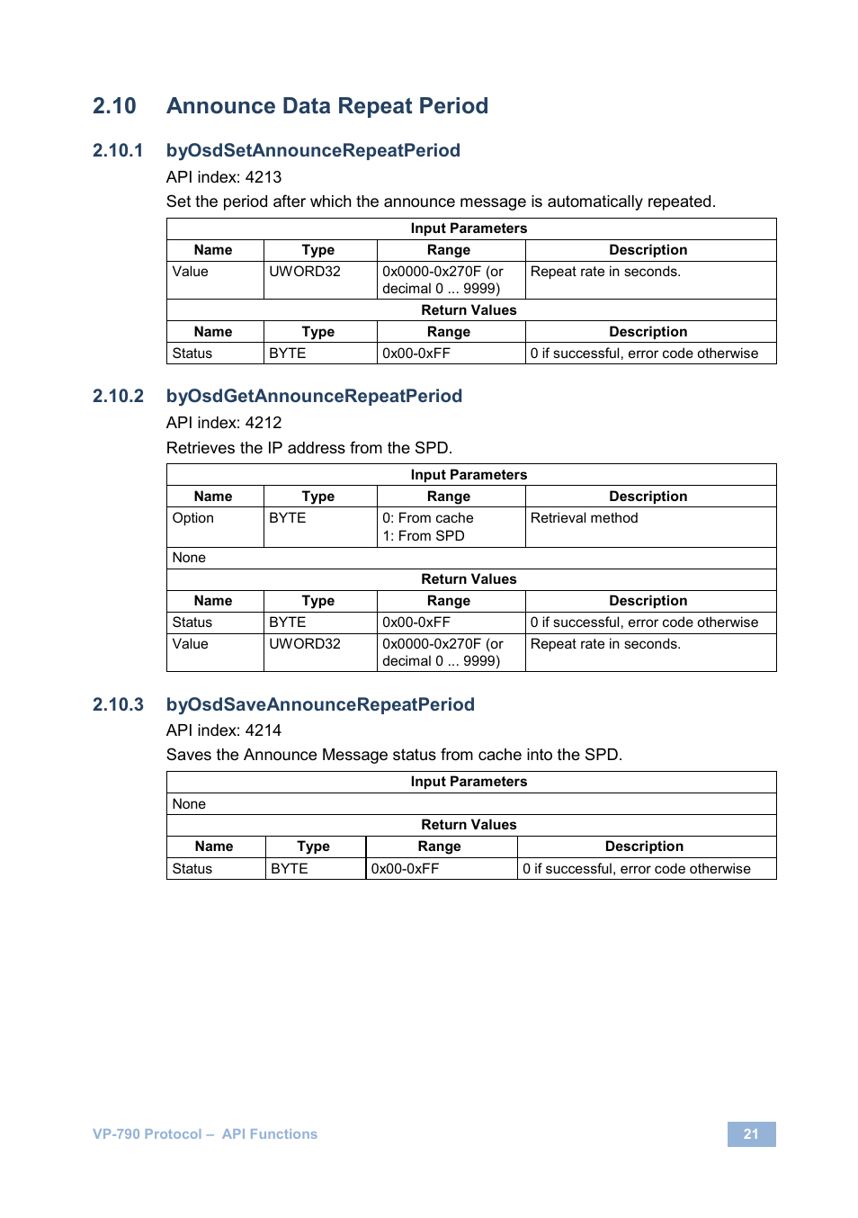 Announce data repeat period, Byosdsetannouncerepeatperiod, Byosdgetannouncerepeatperiod | Byosdsaveannouncerepeatperiod | Kramer Electronics VP-790 User Manual | Page 25 / 126