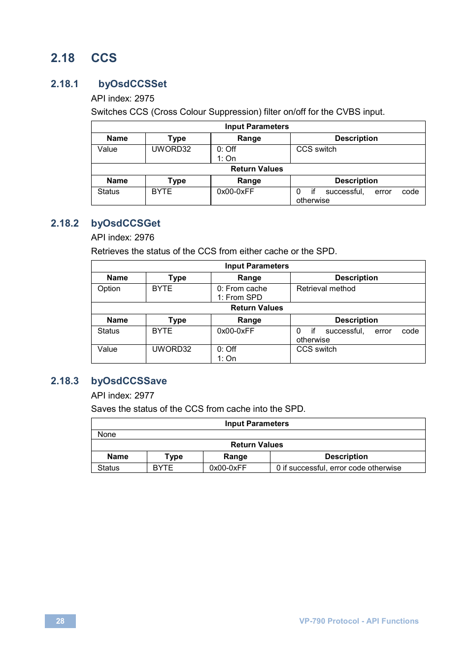 18 ccs, 1 byosdccsset, 2 byosdccsget | 3 byosdccssave | Kramer Electronics VP-790 User Manual | Page 32 / 126