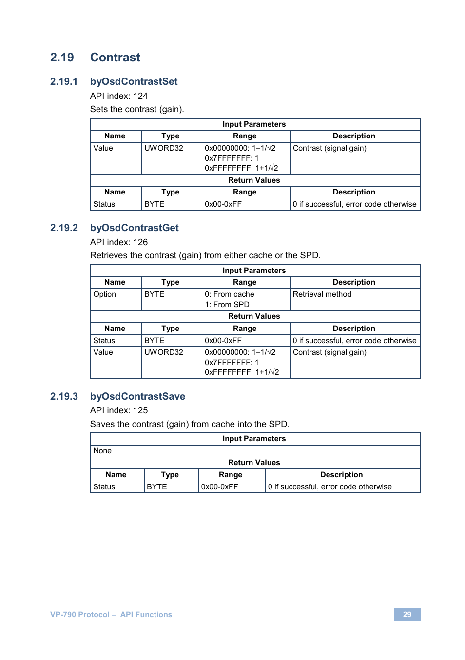 Contrast, Byosdcontrastset, Byosdcontrastget | Byosdcontrastsave | Kramer Electronics VP-790 User Manual | Page 33 / 126