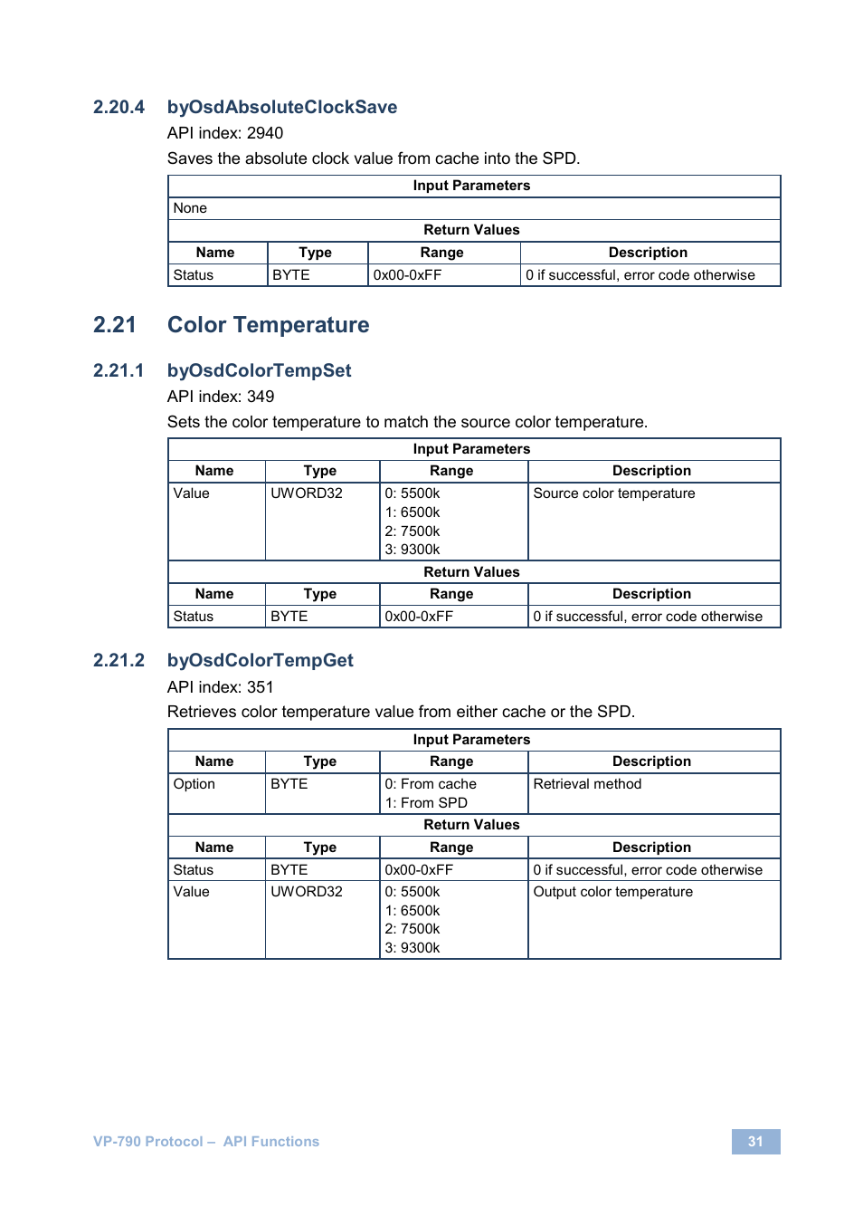 Color temperature, Byosdabsoluteclocksave, Byosdcolortempset | Byosdcolortempget | Kramer Electronics VP-790 User Manual | Page 35 / 126