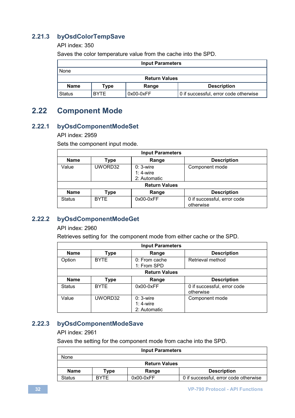 3 byosdcolortempsave, 22 component mode, 1 byosdcomponentmodeset | 2 byosdcomponentmodeget, 3 byosdcomponentmodesave, Component mode | Kramer Electronics VP-790 User Manual | Page 36 / 126