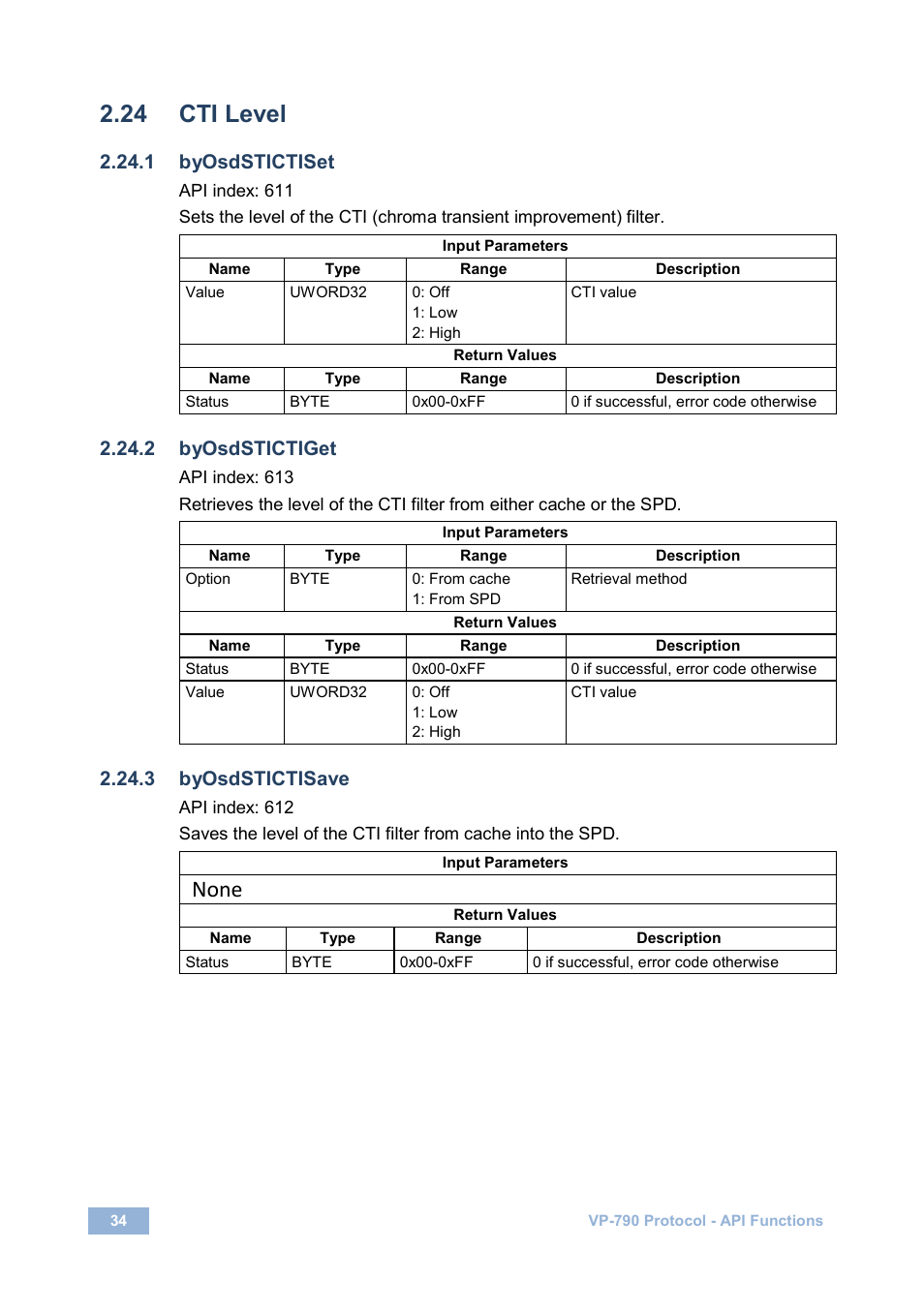 24 cti level, 1 byosdstictiset, 2 byosdstictiget | 3 byosdstictisave, Cti level, None | Kramer Electronics VP-790 User Manual | Page 38 / 126