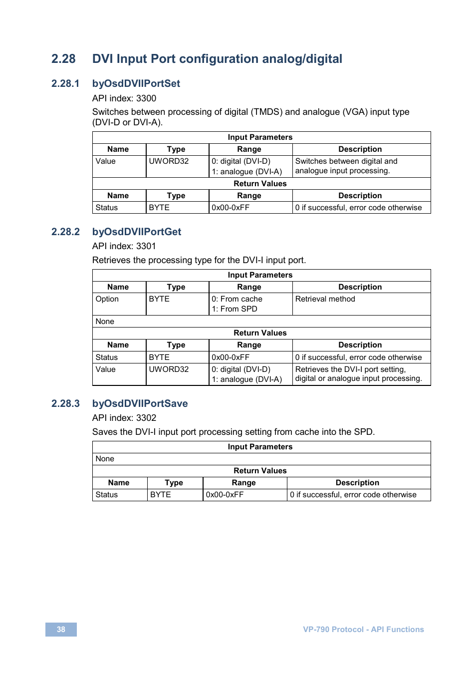 28 dvi input port configuration analog/digital, 1 byosddviiportset, 2 byosddviiportget | 3 byosddviiportsave, Dvi input port configuration analog/digital | Kramer Electronics VP-790 User Manual | Page 42 / 126