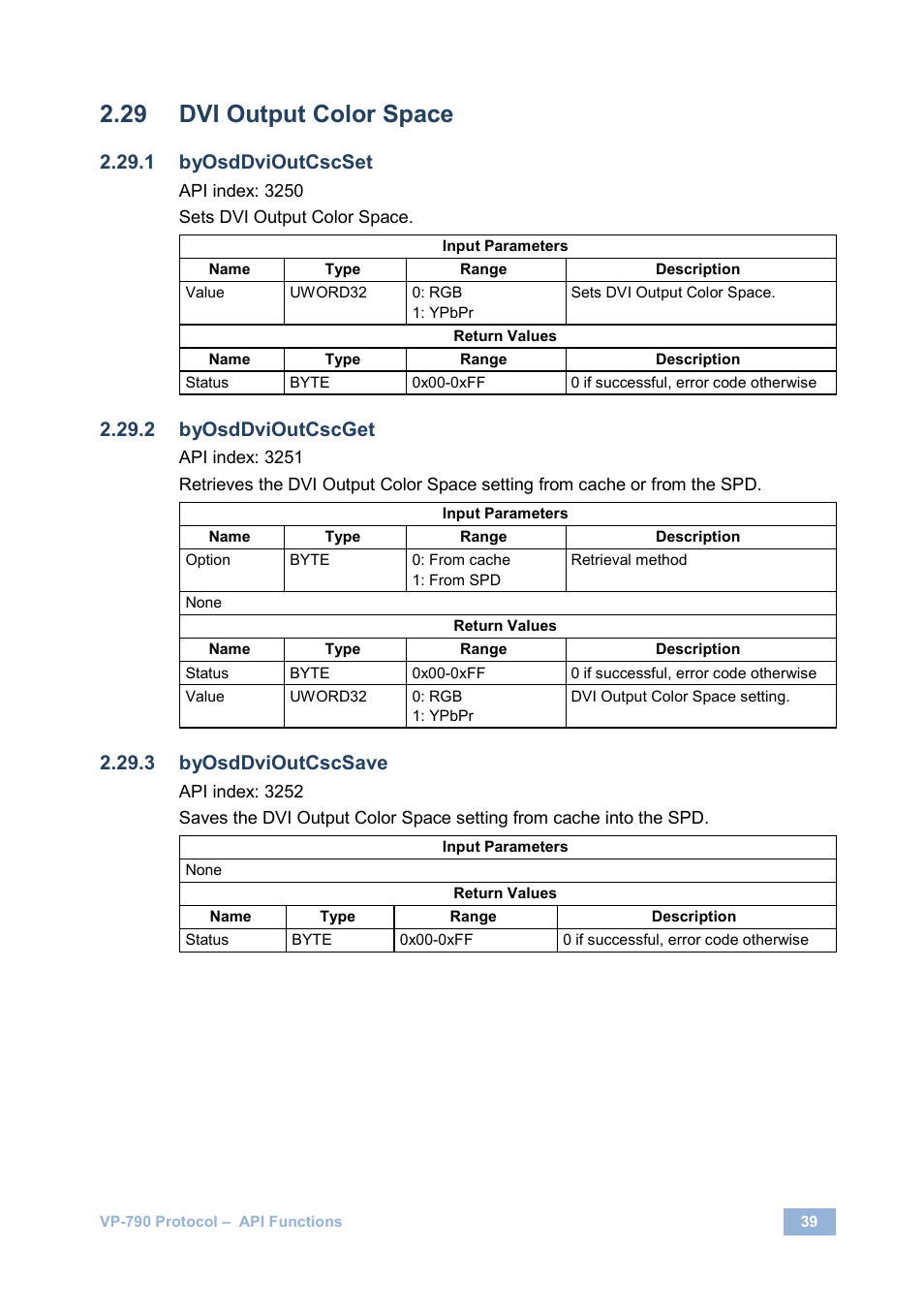 Dvi output color space, Byosddvioutcscset, Byosddvioutcscget | Byosddvioutcscsave | Kramer Electronics VP-790 User Manual | Page 43 / 126