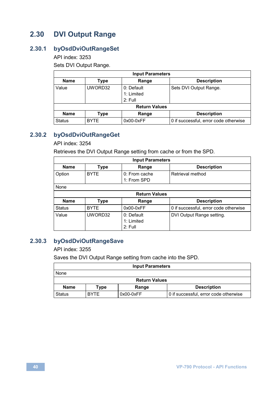 30 dvi output range, 1 byosddvioutrangeset, 2 byosddvioutrangeget | 3 byosddvioutrangesave, Dvi output range | Kramer Electronics VP-790 User Manual | Page 44 / 126