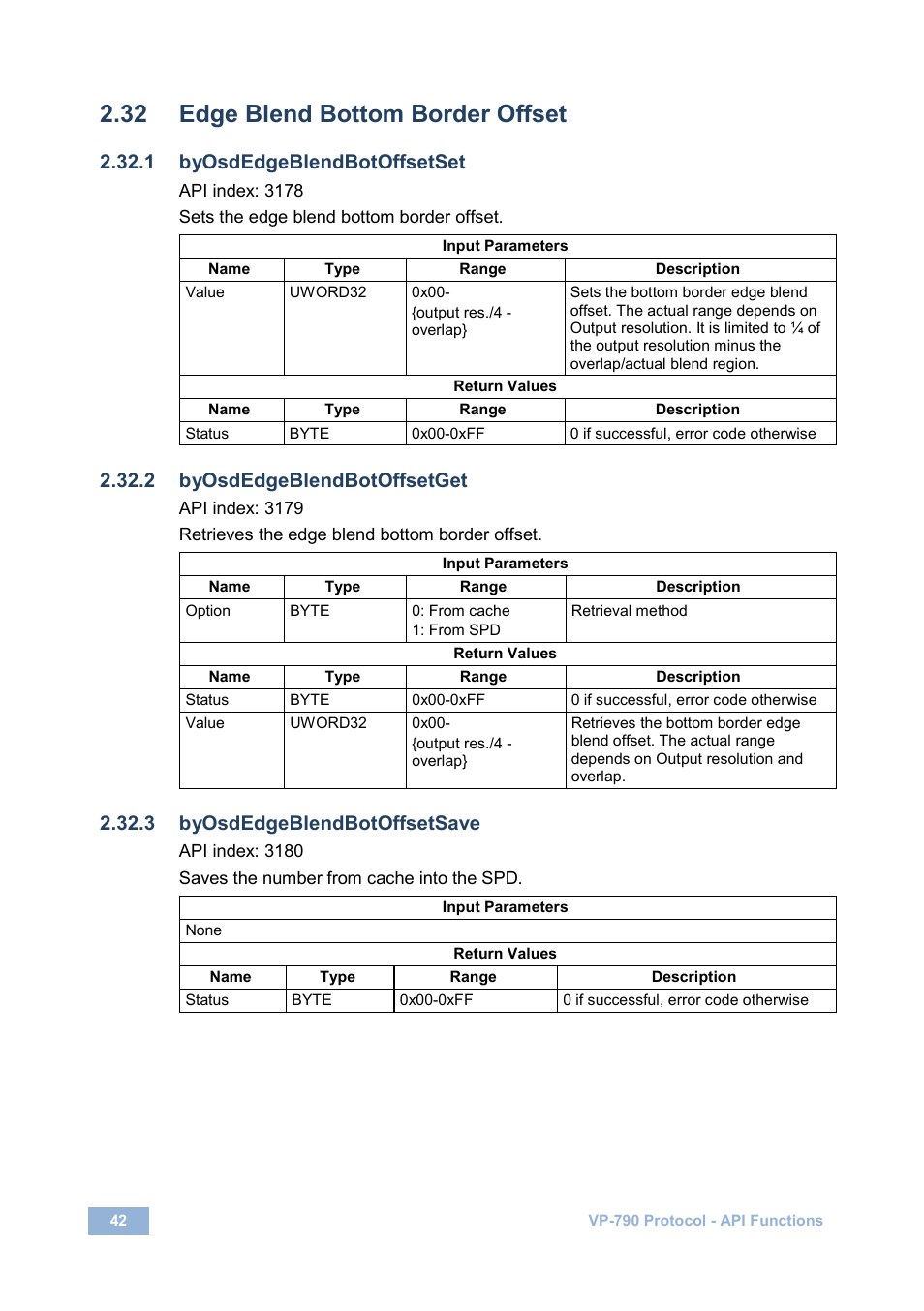 32 edge blend bottom border offset, 1 byosdedgeblendbotoffsetset, 2 byosdedgeblendbotoffsetget | 3 byosdedgeblendbotoffsetsave, Edge blend bottom border offset | Kramer Electronics VP-790 User Manual | Page 46 / 126