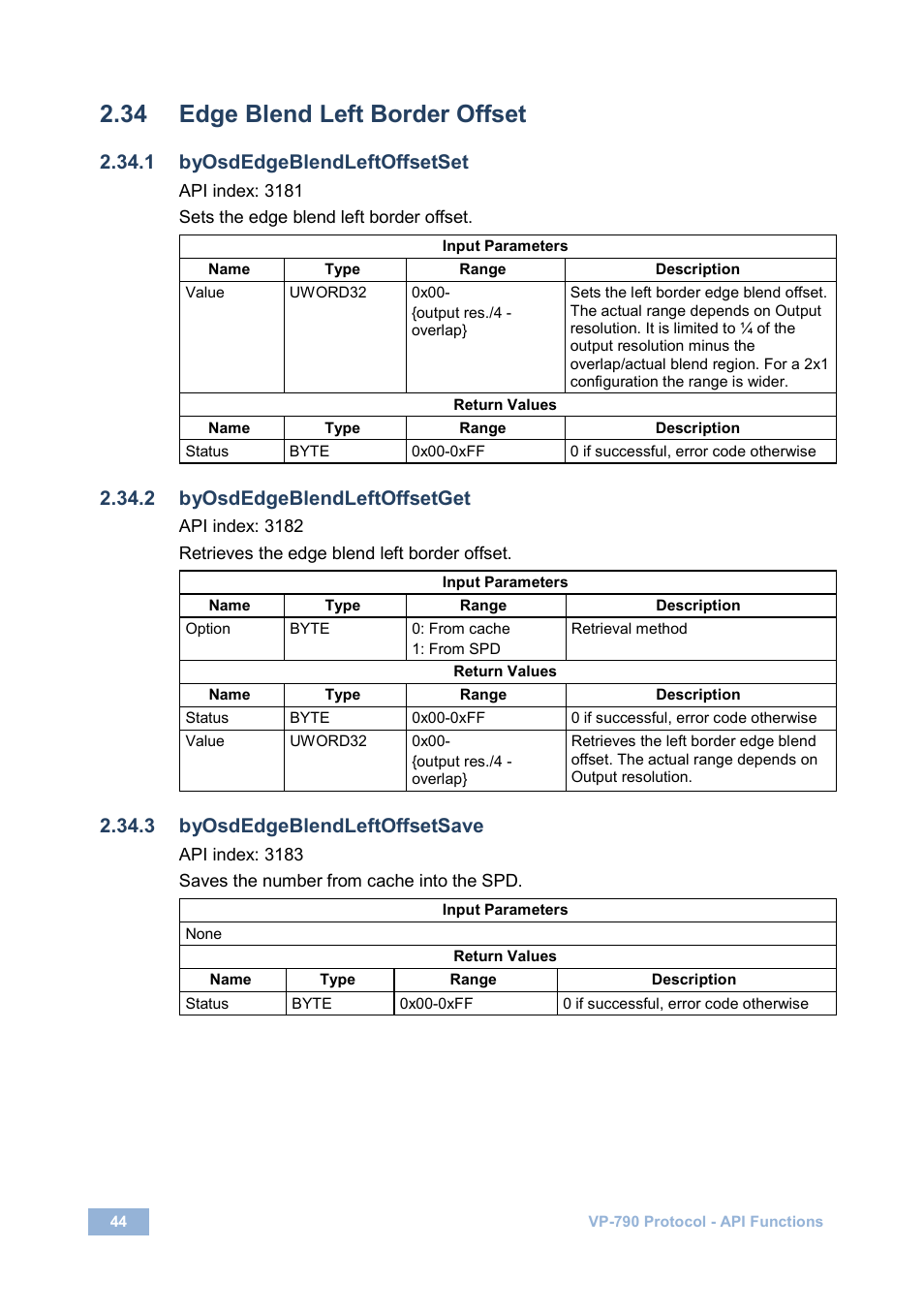 34 edge blend left border offset, 1 byosdedgeblendleftoffsetset, 2 byosdedgeblendleftoffsetget | 3 byosdedgeblendleftoffsetsave, Edge blend left border offset | Kramer Electronics VP-790 User Manual | Page 48 / 126