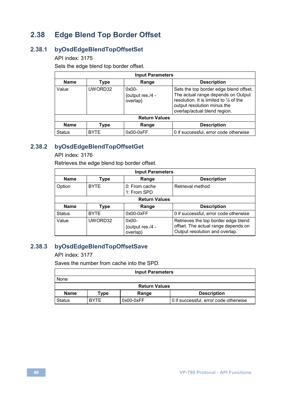 38 edge blend top border offset, 1 byosdedgeblendtopoffsetset, 2 byosdedgeblendtopoffsetget | 3 byosdedgeblendtopoffsetsave, Edge blend top border offset | Kramer Electronics VP-790 User Manual | Page 52 / 126