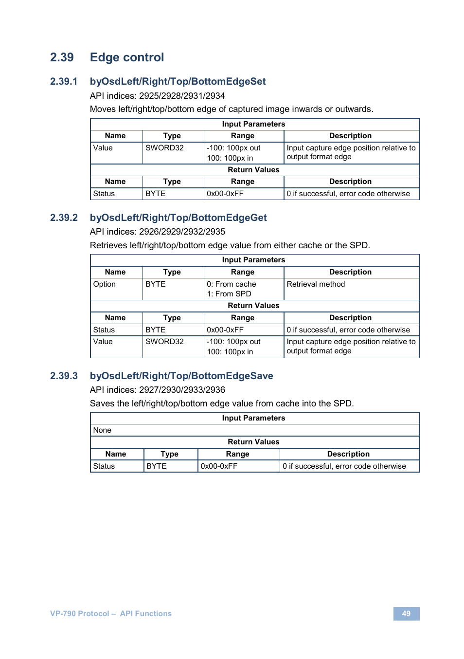 Edge control, Byosdleft/right/top/bottomedgeset, Byosdleft/right/top/bottomedgeget | Byosdleft/right/top/bottomedgesave | Kramer Electronics VP-790 User Manual | Page 53 / 126