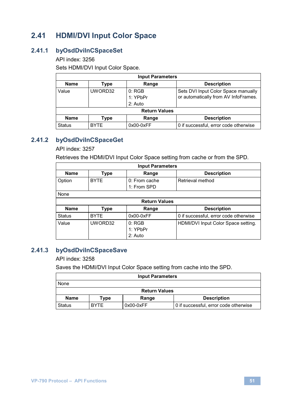 Hdmi/dvi input color space, Byosddviincspaceset, Byosddviincspaceget | Byosddviincspacesave | Kramer Electronics VP-790 User Manual | Page 55 / 126